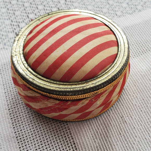 Vintage Ball Canning Jar Lid Pin Cushion Handmade Red White Stripe Dual Sided - Picture 9 of 9